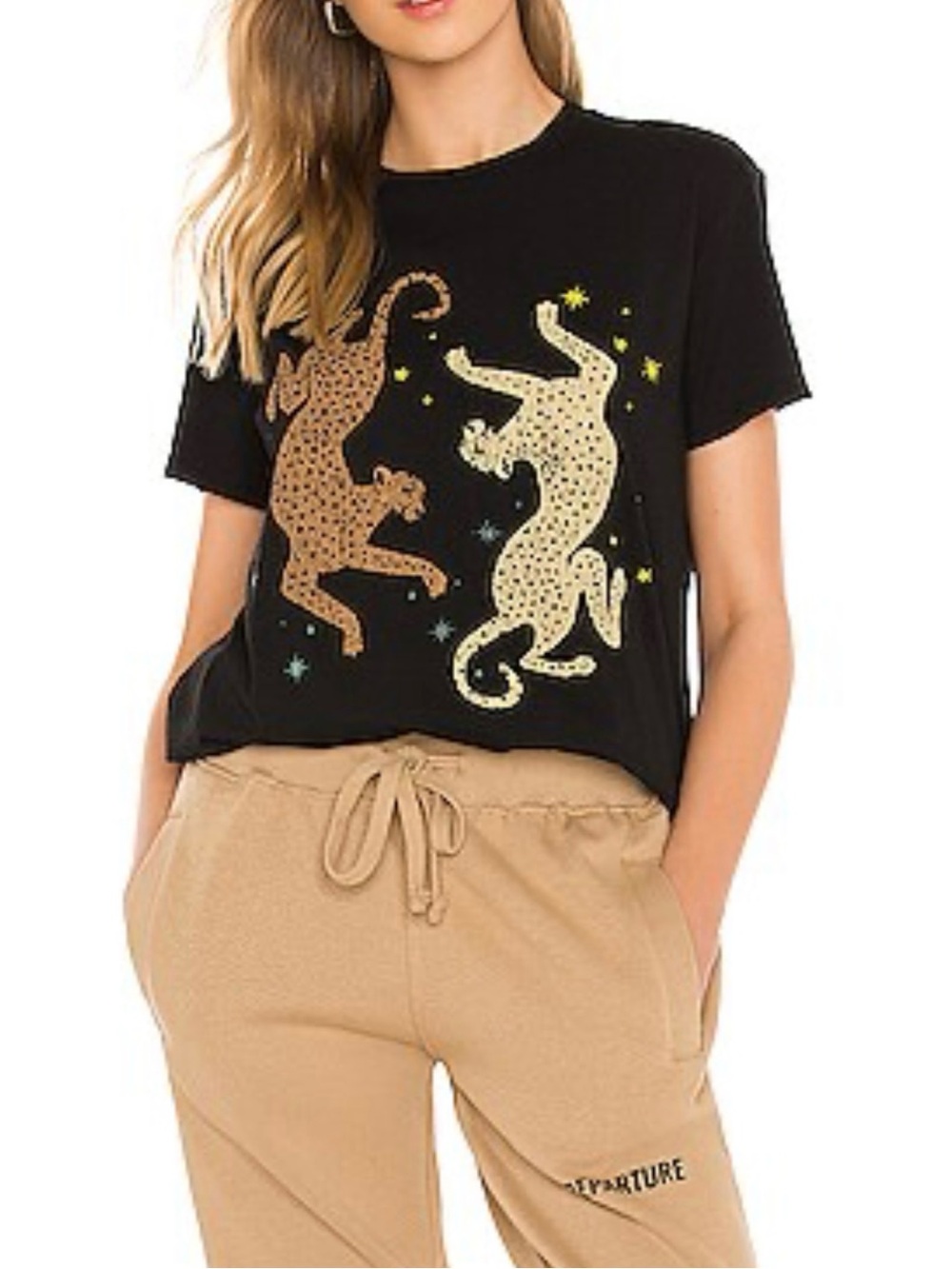 Show Me Your MuMu Thomas Black Tee with Gold and Tan Leopard Celestial Cheetah